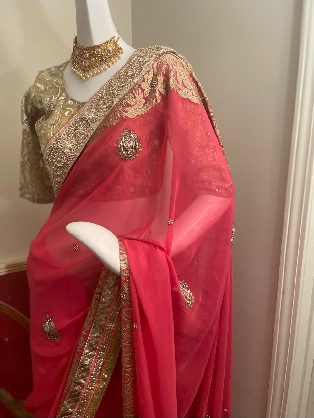 Embroidered Coral and Gold Saree with Choli